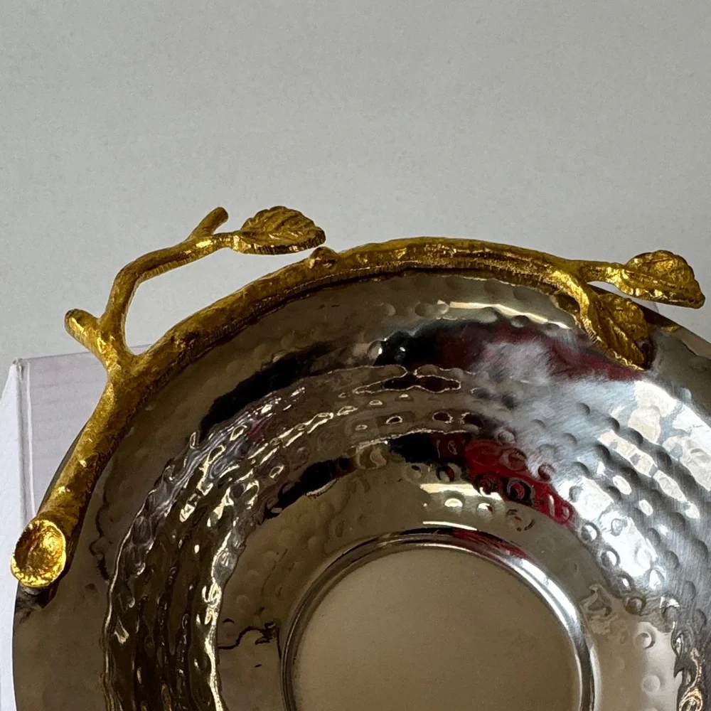 Hammered Silver Color Decorative Bowl with Gold Leaf Handle - Picture 2 of 7